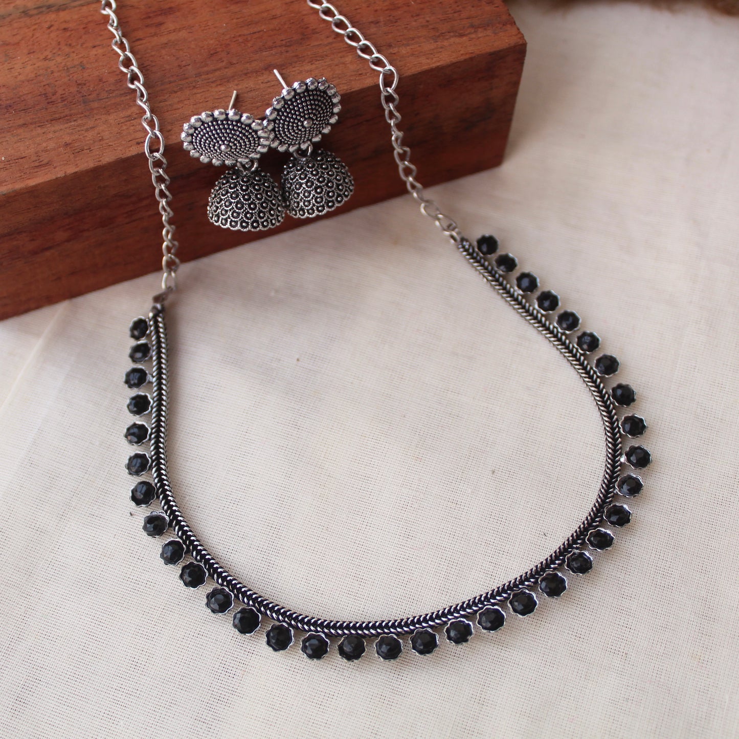 Black Oxidised Silver Choker With Jhumki Earrings