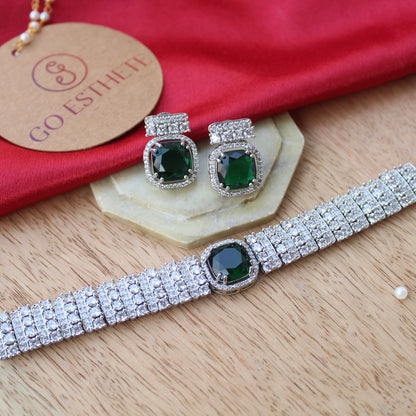 Green & Silver CZ Diamonds Choker Necklace Set