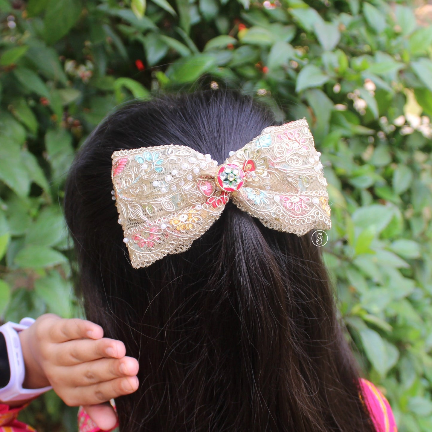 Beige Multicolor Embroidered Ethnic Hair Bow