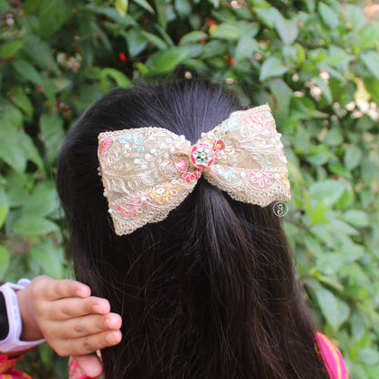 Beige Multicolor Embroidered Ethnic Hair Bow