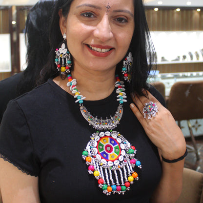 Multicolored Embroidered Statement Necklace Set
