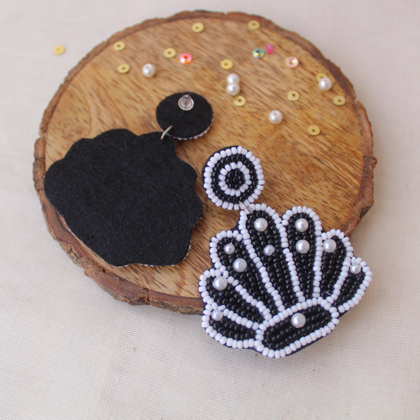 Black & White Beaded Shells Design Earrings