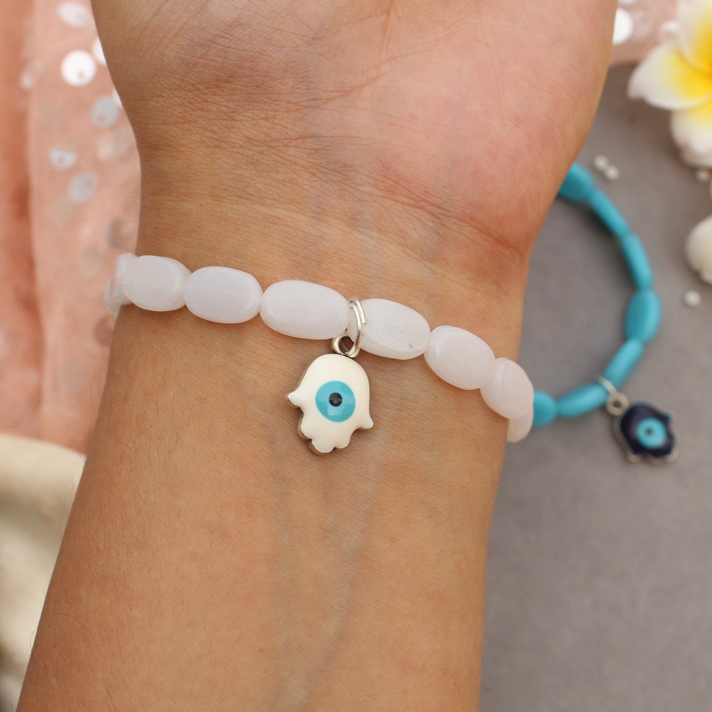 White Evil Eye Hamsa Hand Stretchable Bracelet