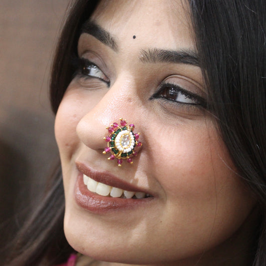 Statement Kundan Floral Press-On Nose Pin (Non-Pierced Nath)