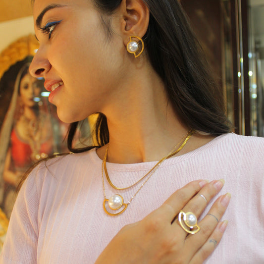 Golden Double Layer Chain, Earrings & Ring Combo