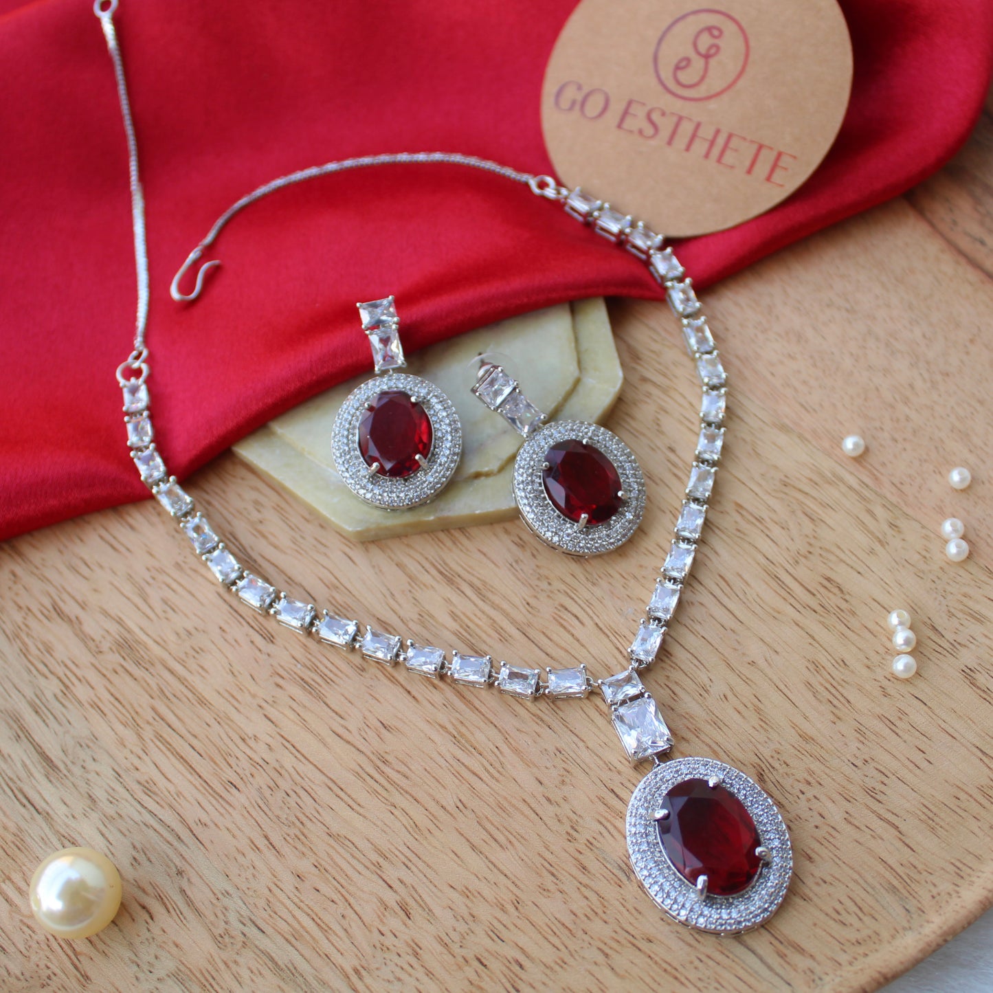 Ruby Stone & CZ Diamonds Work Necklace Set