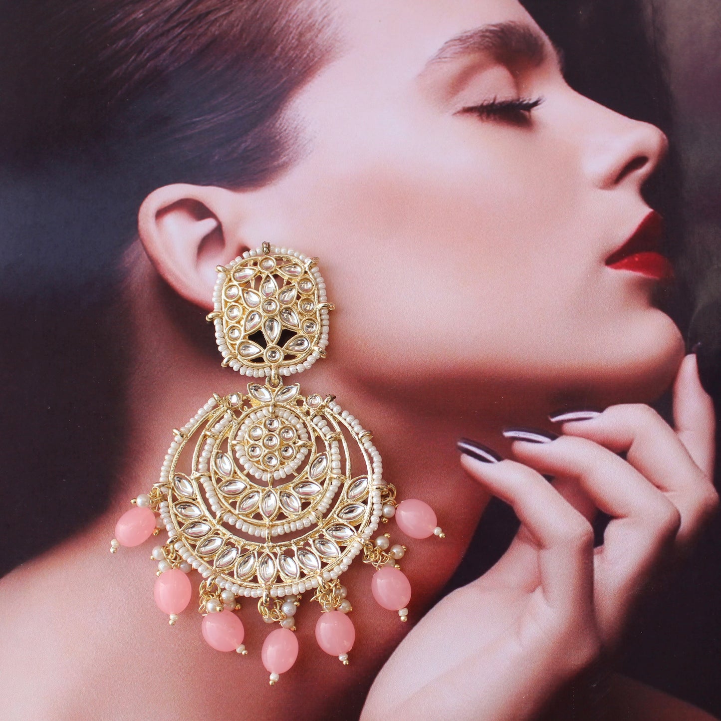 Baby Pink Kundan & Beads Embellished Earrings