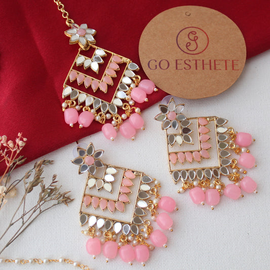 Baby Pink Mirror Work Earrings With Maang-Tika