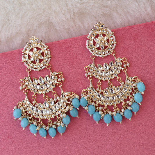 Blue Kundan & Beads Embellished Chandbali Earrings