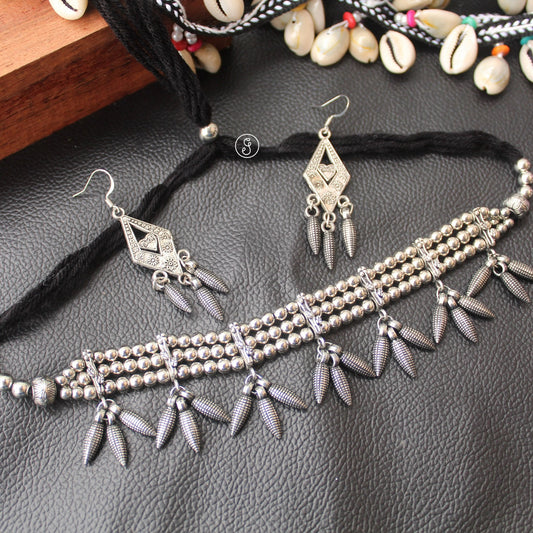 Elegant Oxidised Silver Choker Necklace Set