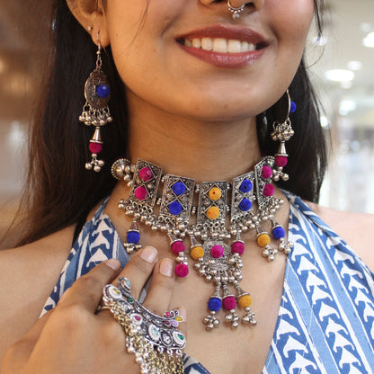 Stunning Multicoloured Oxidised Silver Necklace Set