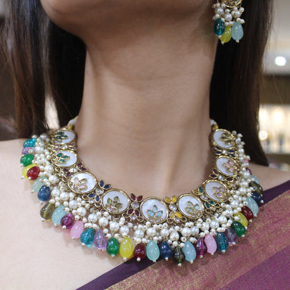 Classic Multicoloured Necklace Set With Tika