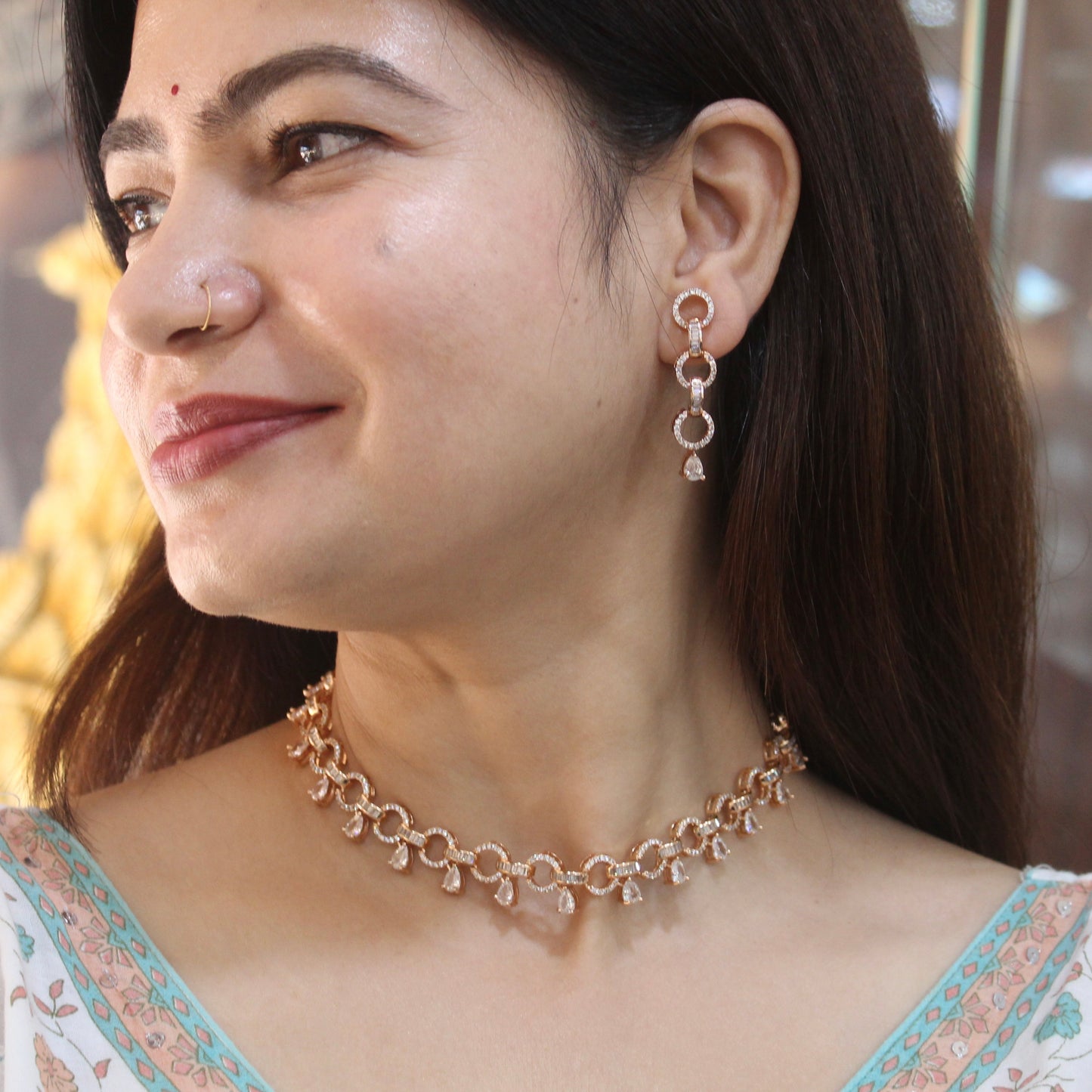 Chic Rose Gold Tone CZ Diamond Necklace Set