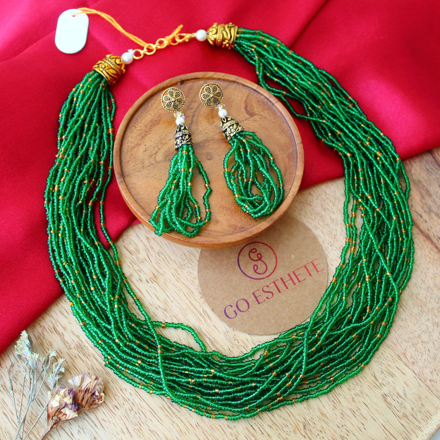 Green Multi-Strings Beads Work Necklace Set