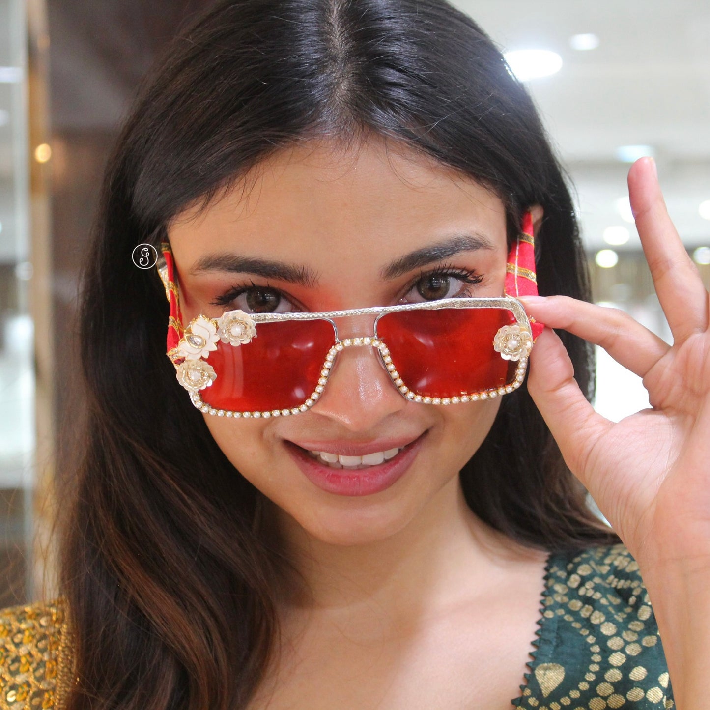 Red Pearl Embellished Statement Sunglasses