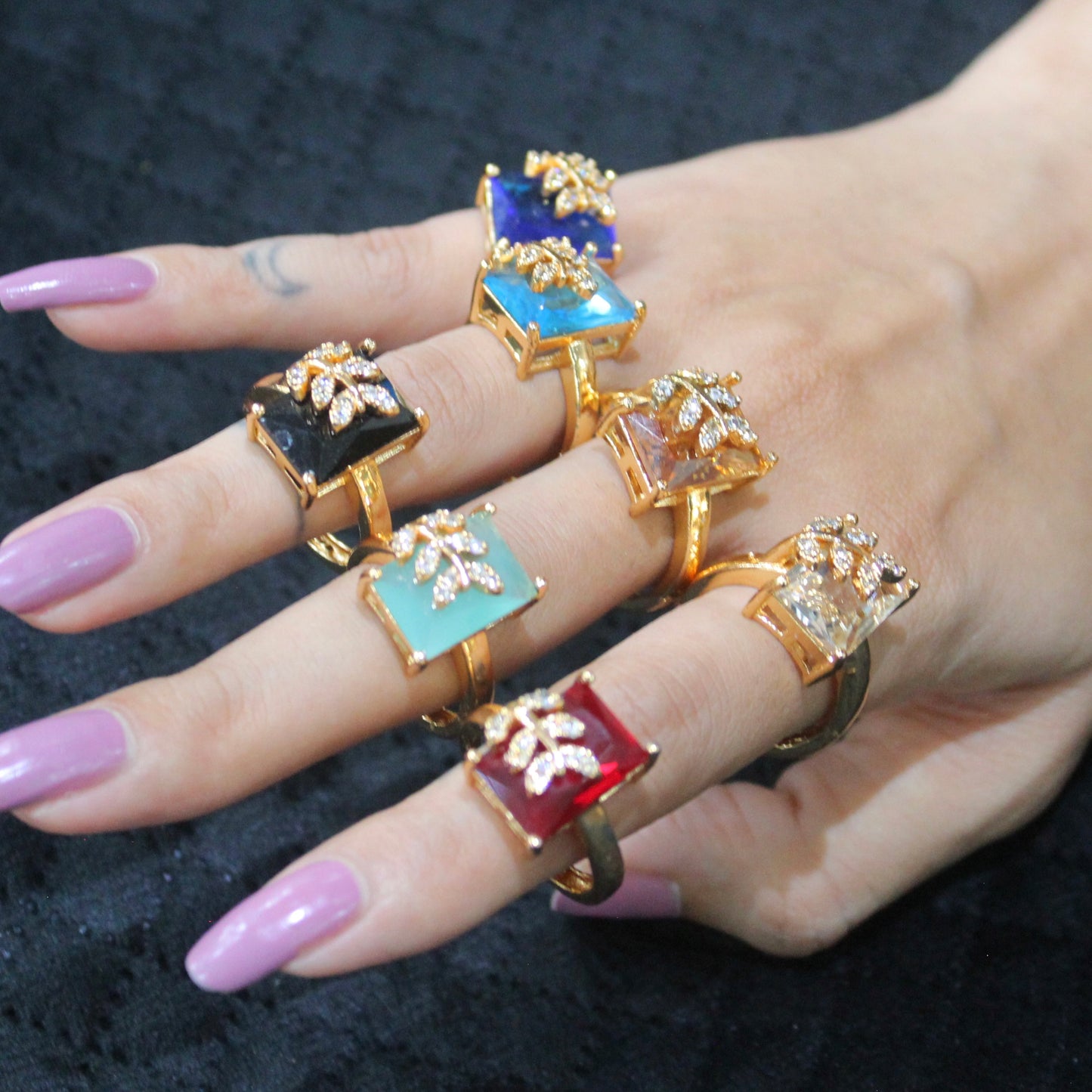 AD Stone Leaf Design Adjustable Statement Finger Ring