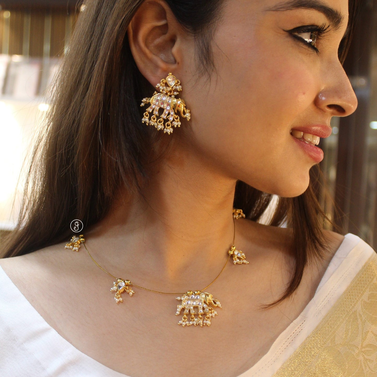 Gold Plated Elephant Design Kundan Necklace Set