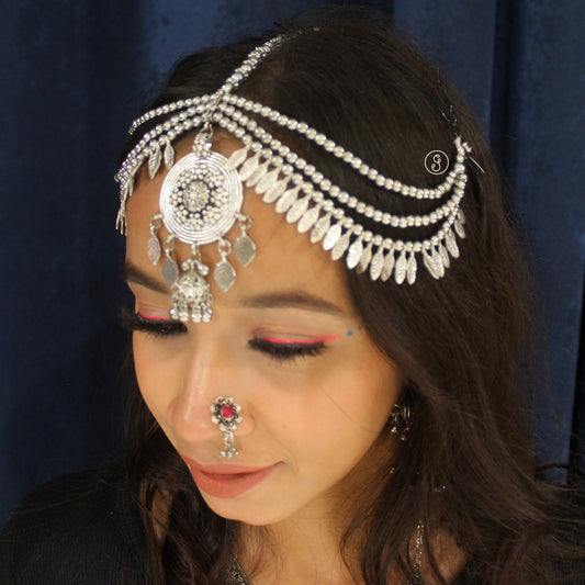 Gorgeous Oxidised Silver Multi-Layered Damini Tika