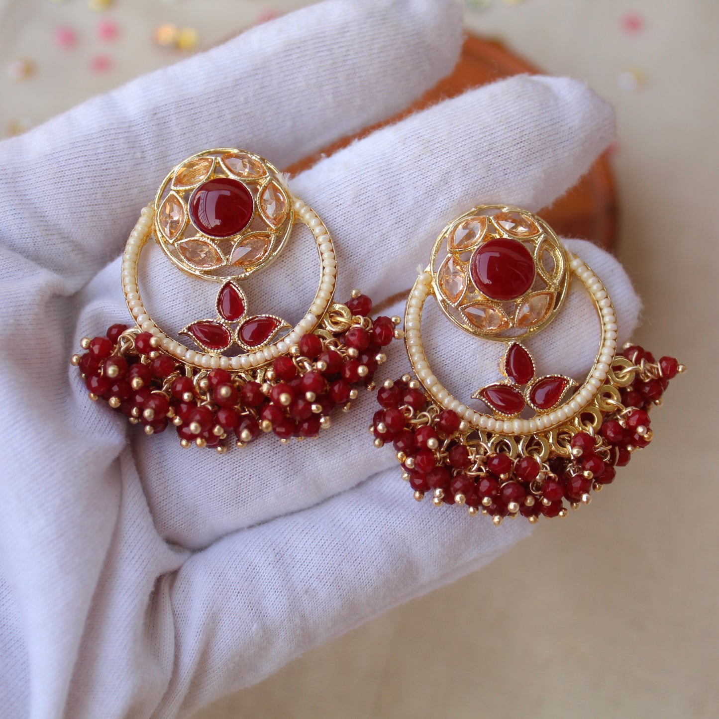 Premium Maroon Stones & Beads Work Earrings