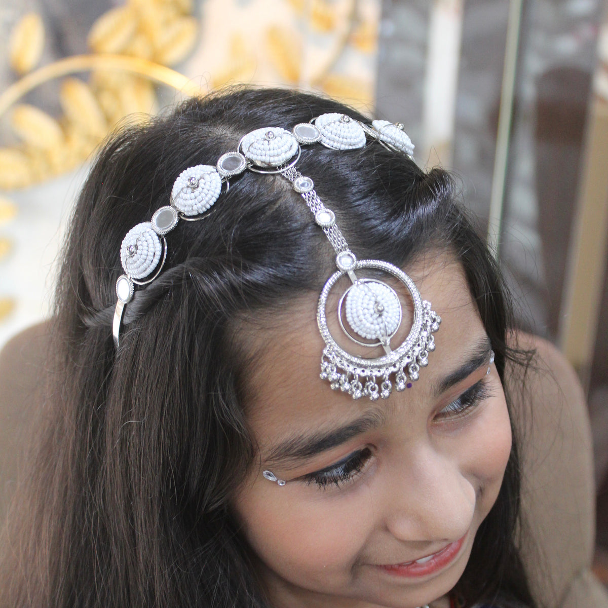 Silver Beaded Mirror Work Maang Tikka Hairband