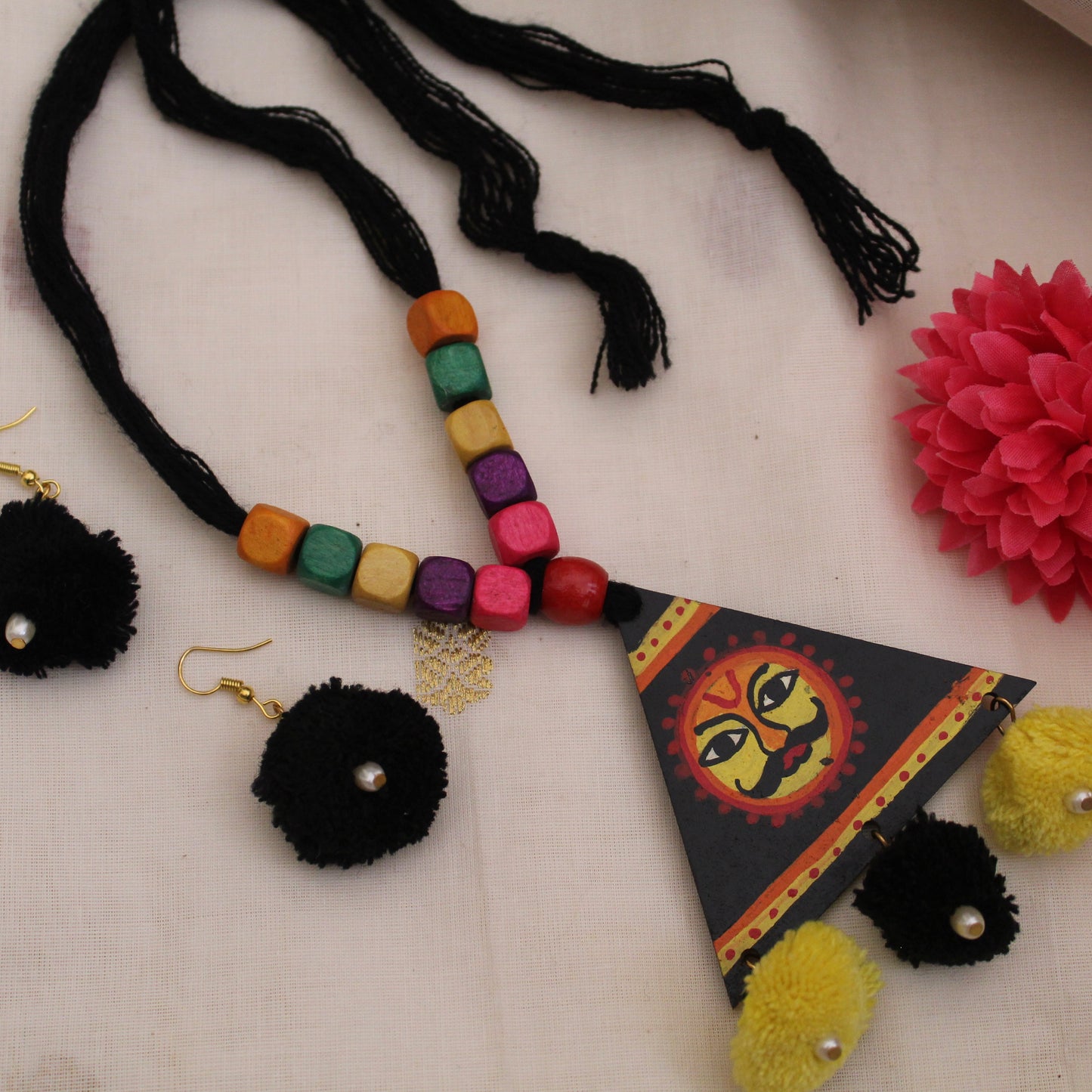 Painted Wooden Pendant Necklace Set