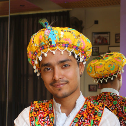 Yellow Multicolour Pagdi with Shells, Feathers & Krishna Motif